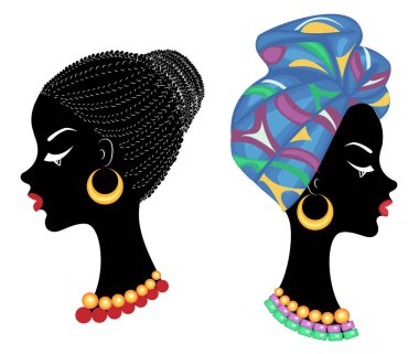 Koleksiyon.Profil tatlı bayan başkanı. Güzel bir saç modeli olan Afro-Amerikalı bir kız. Bayan türban takıyor, ulusal bir başlık. Vektör çizimleri kümesi
