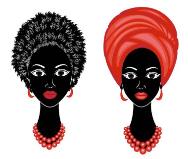 Koleksiyon.Profil tatlı bayan başkanı. Güzel bir saç modeli olan Afro-Amerikalı bir kız. Bayan türban takıyor, ulusal bir başlık. Vektör çizimleri kümesi