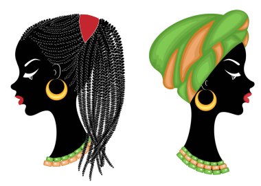 Koleksiyon.Profil tatlı bayan başkanı. Güzel bir saç modeli olan Afro-Amerikalı bir kız. Bayan türban takıyor, ulusal bir başlık. Vektör çizimleri kümesi