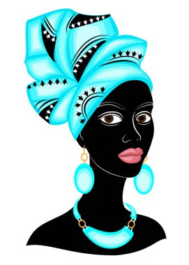 Tatlı bayanın başı. Afro-Amerikalı bir kızın başında parlak mavi bir atkı, sarık var. Kadın güzel ve şık. Vektör çizimi