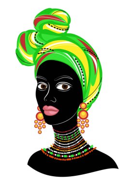 İyi bir bayanın başı. Afro-Amerikalı bir kızın başında parlak bir mendil, bir türban bağlanır. Kadın güzel ve şık. Vektör çizimi