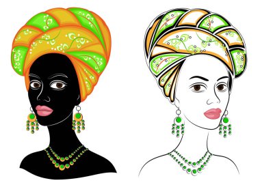 Koleksiyon. Tatlı bayanın başı. Bir Afrikalı-Amerikalı kızın başında parlak bir eşarp ve türban olduğunu. Kadın güzel ve şık. Vektör illüstrasyon seti.