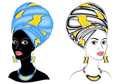 Koleksiyon. Tatlı bayanın başı. Bir Afrikalı-Amerikalı kızın başında parlak bir eşarp ve türban olduğunu. Kadın güzel ve şık. Vektör illüstrasyon seti.