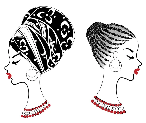 Colección.Perfil de la cabeza de la dulce dama. Chica afroamericana con un hermoso peinado. La señora lleva un turbante, un tocado nacional. Conjunto de ilustraciones vectoriales — Vector de stock