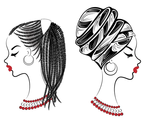 Colección.Perfil de la cabeza de la dulce dama. Chica afroamericana con un hermoso peinado. La señora lleva un turbante, un tocado nacional. Conjunto de ilustraciones vectoriales — Vector de stock