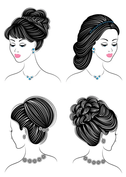 Colección. Silueta de la cabeza de una linda dama. La chica muestra su peinado en el pelo largo y medio. Adecuado para logotipo, publicidad. Conjunto de ilustraciones vectoriales — Vector de stock