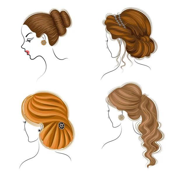 Trenzas largas cabello castaño creativo, aislado sobre fondo blanco. Peinados de mujer. Conjunto de ilustraciones vectoriales — Vector de stock