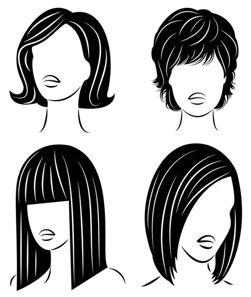 Silhueta da cabeça de uma senhora bonita. A menina mostra seu penteado para cabelos médios e curtos. Adequado para logotipo, publicidade. Ilustração vetorial —  Vetores de Stock