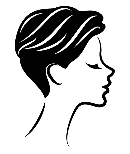 Silhueta da cabeça de uma senhora bonita. A menina mostra o cuidado penteado bob com cabelo curto e médio. Adequado para logotipo, publicidade. Ilustração vetorial . —  Vetores de Stock