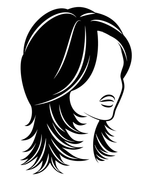 Silhueta de uma cabeça de uma senhora doce. Uma menina mostra um penteado de uma mulher no cabelo médio e longo. Adequado para logotipo, publicidade. Ilustração vetorial . — Vetor de Stock