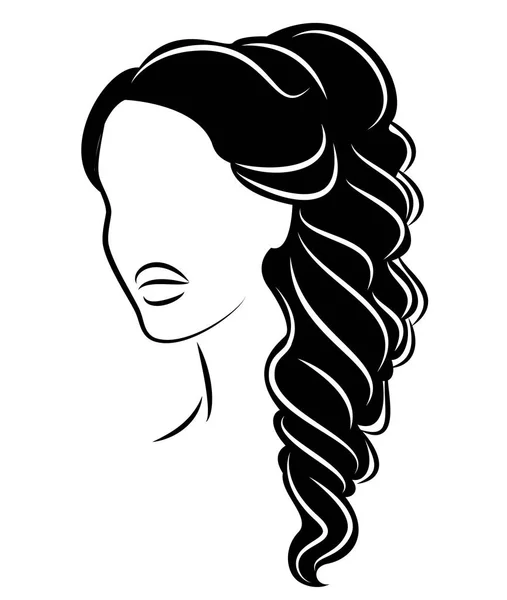 Silhouette di un profilo della testa di una dolce signora. La ragazza mostra un'acconciatura femminile su capelli medi e lunghi. Adatto per logo, pubblicità. Illustrazione vettoriale . — Vettoriale Stock