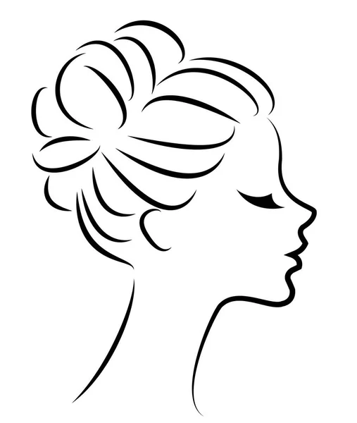 Silhouette d'un profil de la tête d'une douce dame. La fille montre une coiffure féminine sur les cheveux moyens et longs. Convient pour le logo, la publicité. Illustration vectorielle . — Image vectorielle