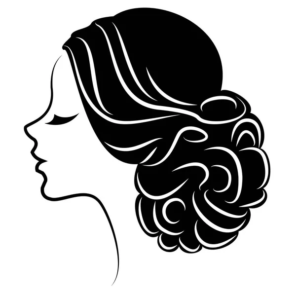 Silueta de un perfil de la cabeza de una dulce dama. La chica muestra un peinado femenino en cabello medio y largo. Adecuado para logotipo, publicidad. Ilustración vectorial . — Vector de stock