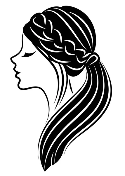 Silhueta de um perfil da cabeça de uma senhora doce. Uma menina mostra um penteado da cauda feminino no cabelo longo e médio. Adequado para logotipo, publicidade. Ilustração vetorial —  Vetores de Stock