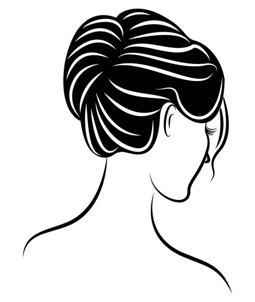 Silhueta de um perfil da cabeça de uma senhora doce. A menina mostra um penteado feminino no cabelo médio e longo. Adequado para logotipo, publicidade. Ilustração vetorial . — Vetor de Stock