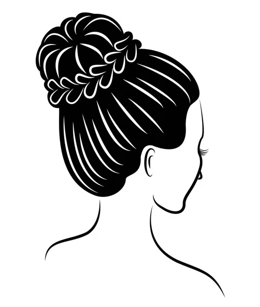 Silhueta de um perfil da cabeça de uma senhora doce. A menina mostra um penteado feminino no cabelo médio e longo. Adequado para logotipo, publicidade. Ilustração vetorial . — Vetor de Stock