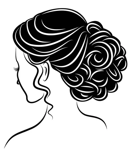 Silhouet van een profiel van een lieve dame s hoofd. Het meisje toont een vrouwelijk kapsel op medium en lang haar. Geschikt voor logo, reclame. Vector illustratie. — Stockvector