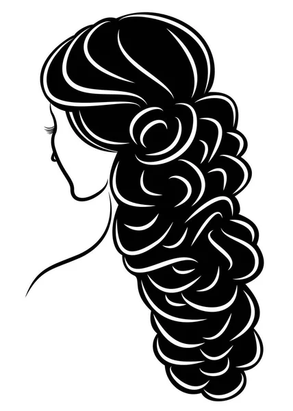 Silhouette of a profile of a sweet lady s head. The girl shows a female hairstyle on medium and long hair. Suitable for logo, advertising. Vector illustration. — Stock Vector