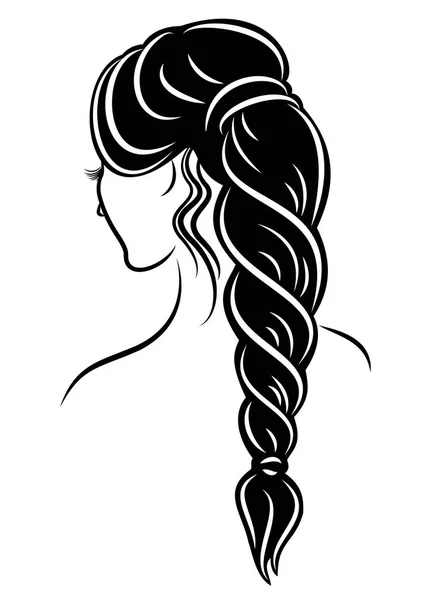 Silhouette profile of a cute lady s head. The girl shows the female hairstyle braid on medium and long hair. Suitable for advertising, logo. Vector illustration. — Stock Vector