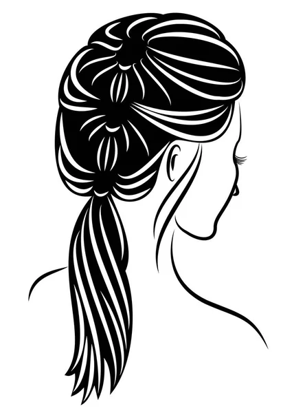 Perfil de silueta de la cabeza de una linda dama. La chica muestra la trenza de peinado femenino en el pelo medio y largo. Adecuado para publicidad, logotipo. Ilustración vectorial . — Archivo Imágenes Vectoriales