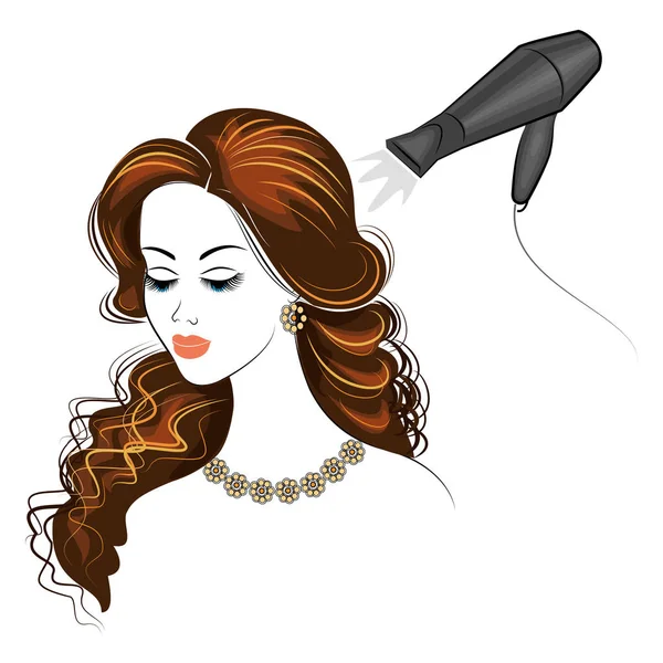 Silhouet van een dame s hoofd. Het meisje in de schoonheidssalon. Een vrouw doet haar haar, droogt haar haar met een haardroger. Vector illustratie. — Stockvector