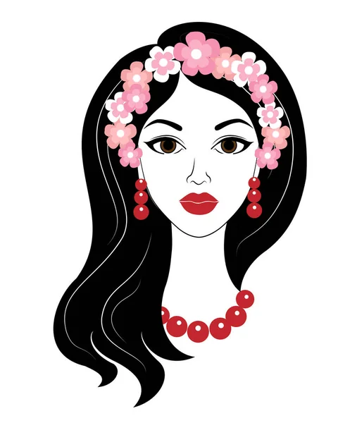 Silhouette of a sweet lady. The girl has beautiful long hair, red beads and earrings. On his head a wreath of flowers. The woman is beautiful and stylish. Vector illustration — Stock Vector