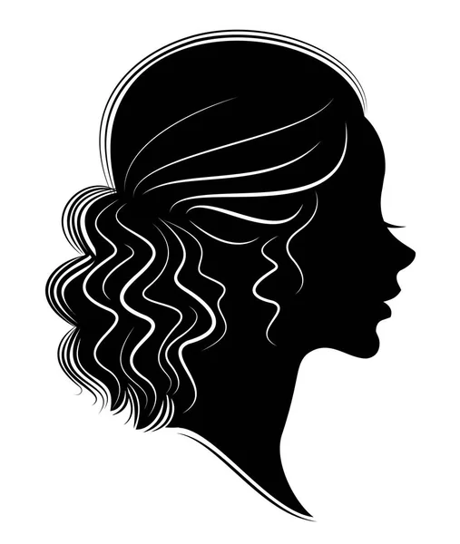 Silhouette di un profilo della testa di una dolce signora. La ragazza mostra un'acconciatura femminile su capelli medi e lunghi. Adatto per logo, pubblicità. Illustrazione vettoriale . — Vettoriale Stock