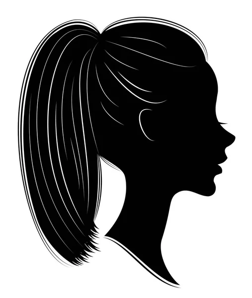 Силует профілю милої леді з головою. Дівчина показує жіночу хвостову зачіску на довге та середнє волосся. Підходить для логотипу, реклами. Векторні ілюстрації . — стоковий вектор