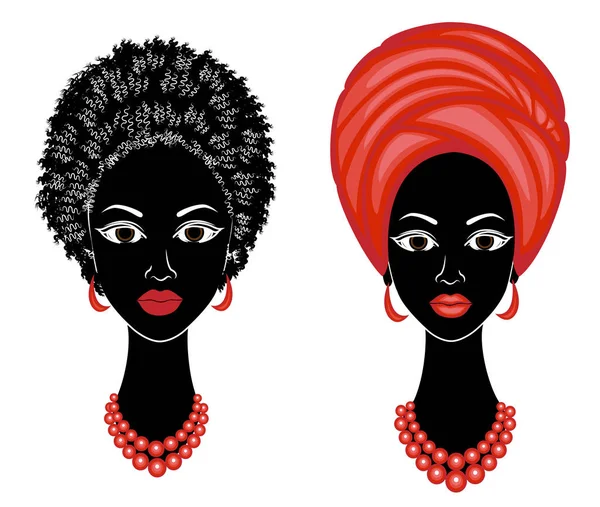 Collection.Profil de la tête de la douce dame. Afro-Américaine avec une belle coiffure. La dame porte un turban, une coiffe nationale. Ensemble d'illustrations vectorielles — Image vectorielle