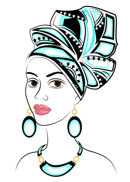 Silhueta de uma cabeça de uma senhora doce. Um xale brilhante e um turbante estão amarrados na cabeça de uma menina afro-americana. A mulher é bonita e elegante. Ilustração vetorial — Vetor de Stock