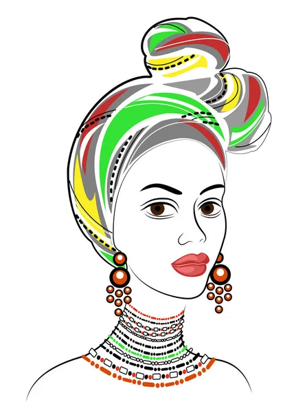 Silhueta de uma cabeça de uma senhora doce. Um xale brilhante e um turbante estão amarrados na cabeça de uma menina afro-americana. A mulher é bonita e elegante. Ilustração vetorial — Vetor de Stock