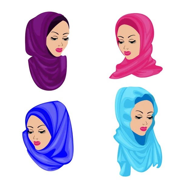 Stille kop van een lieve dame. Collectie. Op de meisjes is er een traditionele Arabische moslim vrouwelijke hoofdtooi, hijab. Vrouwen zijn jong en mooi. Vector illustratie instellen — Stockvector
