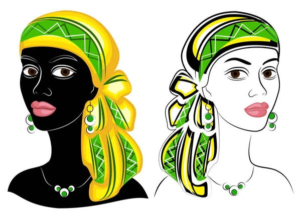 Koleksiyon. Tatlı bayanın başı. Bir Afrikalı-Amerikalı kızın başında parlak bir eşarp ve türban olduğunu. Kadın güzel ve şık. Vektör illüstrasyon seti.
