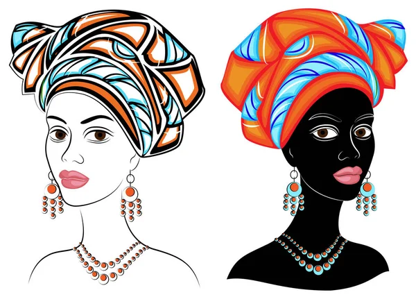 Collecte. Chef de la gentille dame. Sur la tête d'une fille afro-américaine se trouve une écharpe brillante et un turban. La femme est belle et élégante. Jeu d'illustrations vectorielles . — Image vectorielle