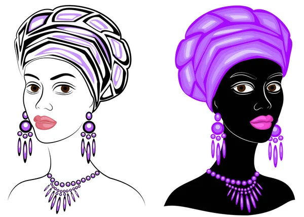 Koleksiyon. Tatlı bayanın başı. Bir Afrikalı-Amerikalı kızın başında parlak bir eşarp ve türban olduğunu. Kadın güzel ve şık. Vektör illüstrasyon seti.