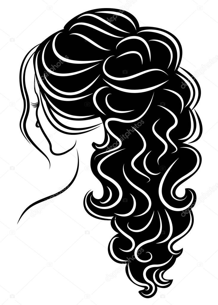 Silhouette of a profile of a sweet lady s head. A girl shows a female tail-hairstyle on long and medium hair. Suitable for logo, advertising. Vector illustration.