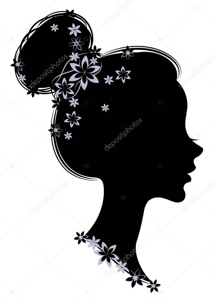 Silhouette profile of a cute lady s head. The girl has long beautiful hair, decorated purple flowers. Suitable for logo, advertising. Vector illustration.