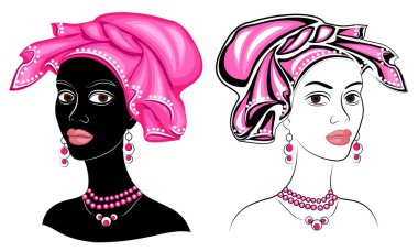 Koleksiyon. Tatlı bayanın başı. Bir Afrikalı-Amerikalı kızın başında parlak bir eşarp ve türban olduğunu. Kadın güzel ve şık. Vektör illüstrasyon seti.
