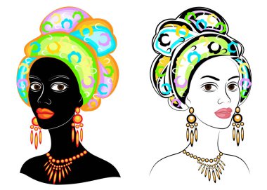 Koleksiyon. Tatlı bayanın başı. Bir Afrikalı-Amerikalı kızın başında parlak bir eşarp ve türban olduğunu. Kadın güzel ve şık. Vektör illüstrasyon seti.
