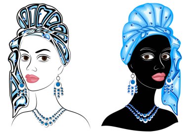 Koleksiyon. Tatlı bayanın başı. Bir Afrikalı-Amerikalı kızın başında parlak bir eşarp ve türban olduğunu. Kadın güzel ve şık. Vektör illüstrasyon seti.