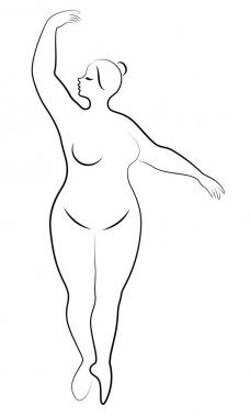 Sevimli bir bayan siluet, o bale dans ediyor. Kadının kilolu bir vücudu var. Kız tombul. Kadın balerin, jimnastikçi. Vektör çizimi