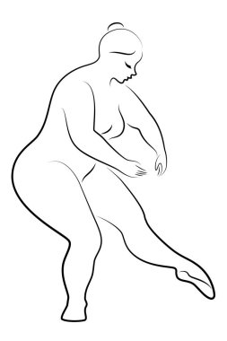 Sevimli bir bayan siluet, o bale dans ediyor. Bir kadın kiloludur. Kız dolu. Kadın balerin, jimnastikçi. Curtsy yapar. Vektör çizimi