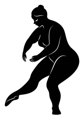 Sevimli bir bayan siluet, o bale dans ediyor. Bir kadın kiloludur. Kız dolu. Kadın balerin, jimnastikçi. Curtsy yapar. Vektör çizimi