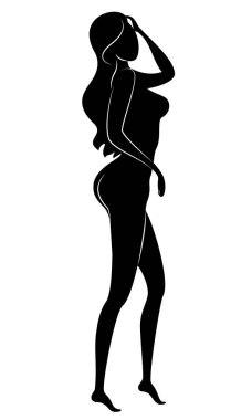 Tatlı, zarif bir bayanın silueti. Kızın çok güzel ince bir figürü var. Bir kadın ayakta duruyor. Vektör çizimi.