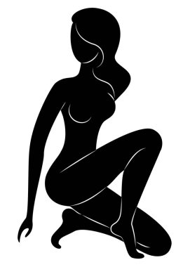 Sevimli bir bayan siluet, o güzel bir poz oturuyor. Kızın sevimli bir çıplak figürü var. Kadın - genç seksi ve ince model. Vektör çizimi