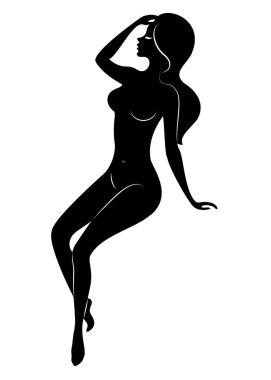 Tatlı bir bayanSiluet, o oturuyor. Kızın çok güzel bir çıplak figürü var. Bir kadın genç seksi ve ince bir modeldir. Vektör çizimi