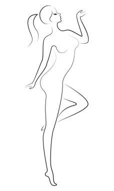 Tatlı, zarif bir bayanın silueti. Kızın çok güzel ince bir figürü var. Bir kadın ayakta duruyor. Vektör çizimi.
