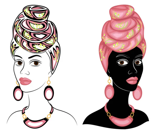 Coleção. Cabeça da doce senhora. Na cabeça de uma menina afro-americana está um lenço brilhante e turbante. A mulher é bonita e elegante. Conjunto de ilustrações vetoriais . — Vetor de Stock