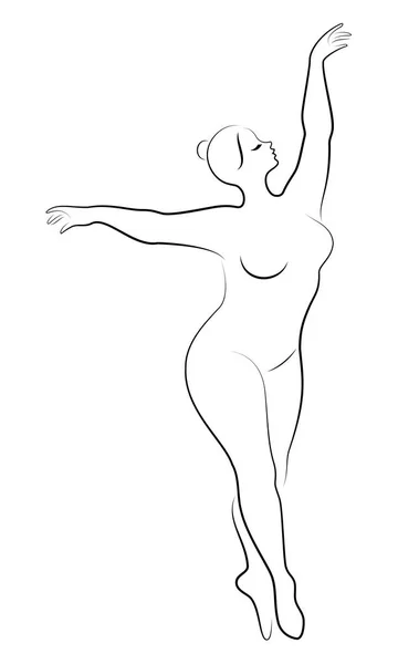 Silhueta de uma senhora bonita, ela está dançando balé. A mulher tem um corpo acima do peso. A rapariga é gorda. Mulher bailarina, ginasta. Ilustração vetorial — Vetor de Stock