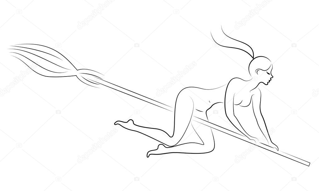 Fantastic character from a fairy tale, girl witch. Woman flies on a broomstick on Halloween. Naked Lady. Vector illustration